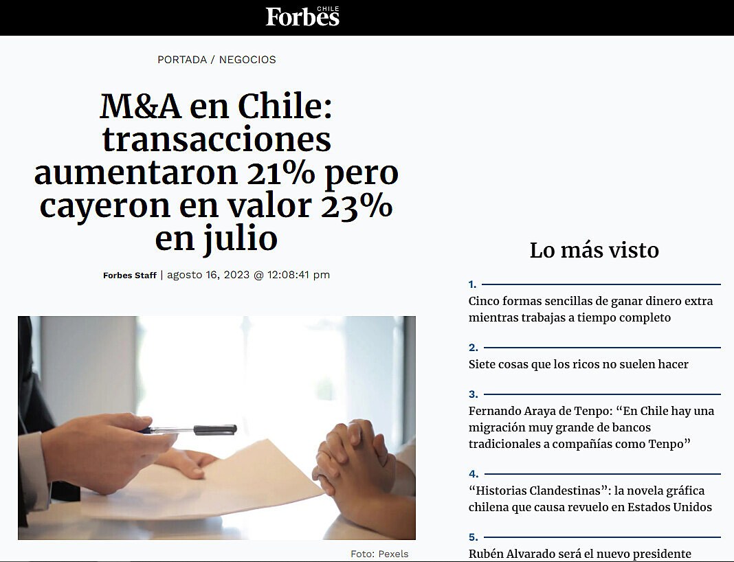 M&A en Chile: transacciones aumentaron 21% pero cayeron en valor 23% en julio